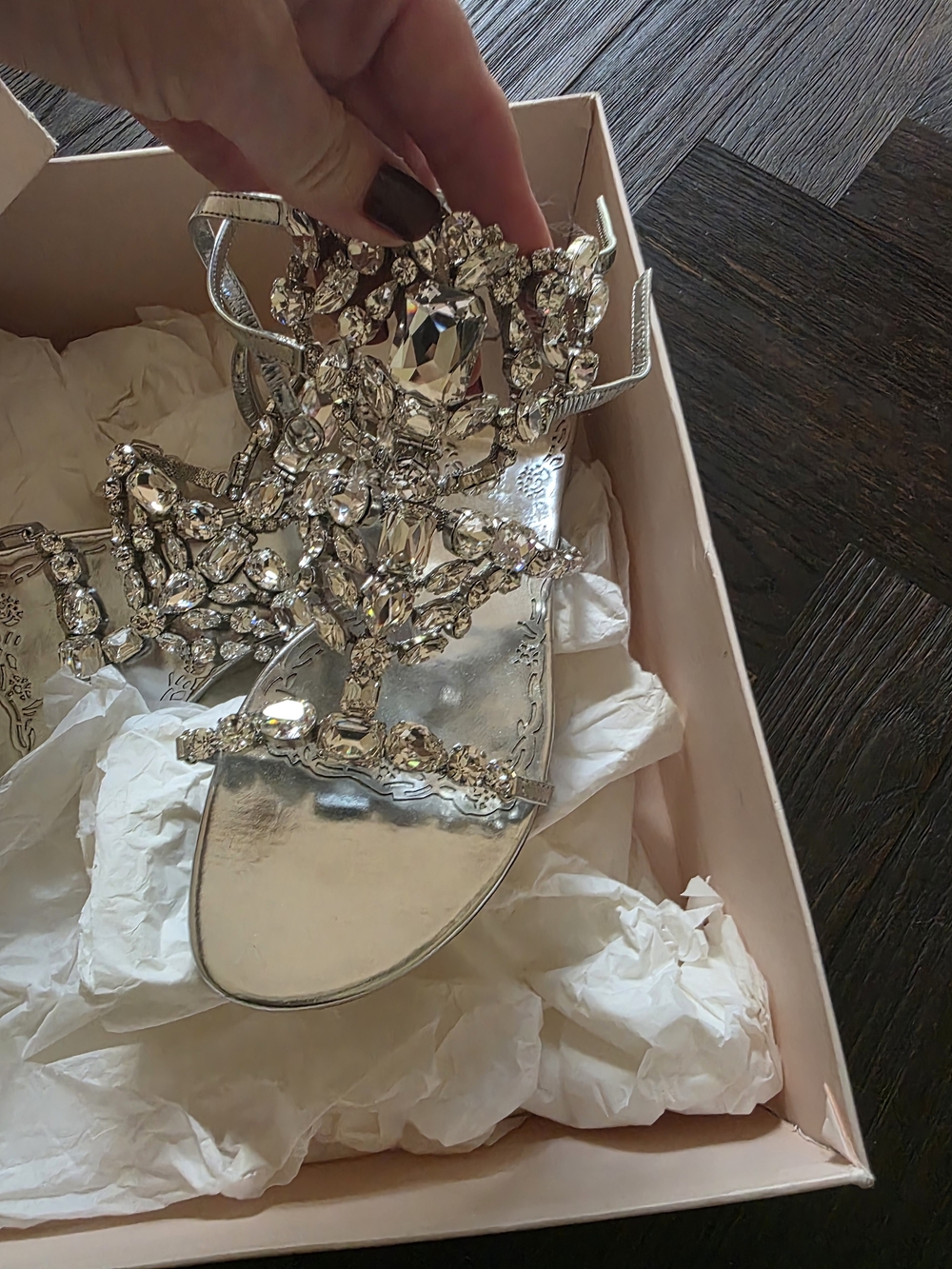 Marchesa Silver Crystal Embellished T-Strap Sandals Gladiator 38 Emily Specchio